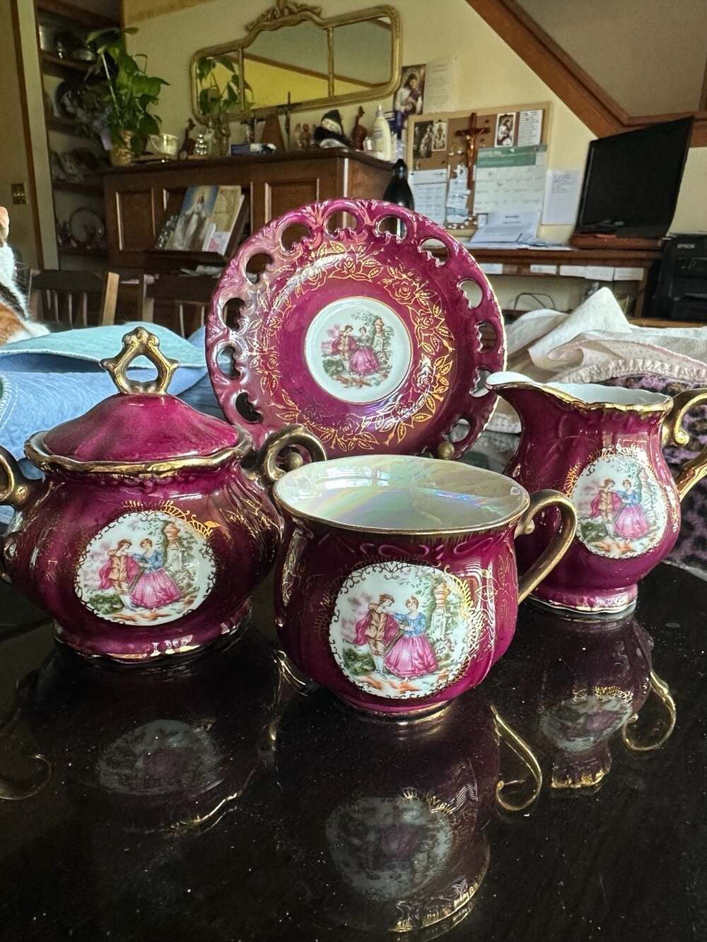 Vintage Ruby Red and Gold Porcelain Tea Set with Courting Couple Scenes